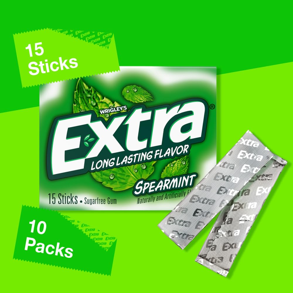 Extra Gum Spearmint Sugarfree Gum Bulk, Individually Wrapped, Perfect for Long Lasting Fresh Breath at School, Work & Travel 15 Count, Pack of 10 - Image 4