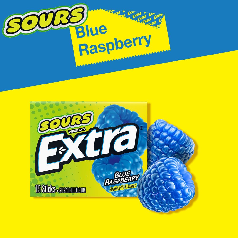 EXTRA SOURS Blue Raspberry Sugar Free Chewing Gum Sour Candy Fruit Gum, 15 Stick Pack, 10 Count - Image 4