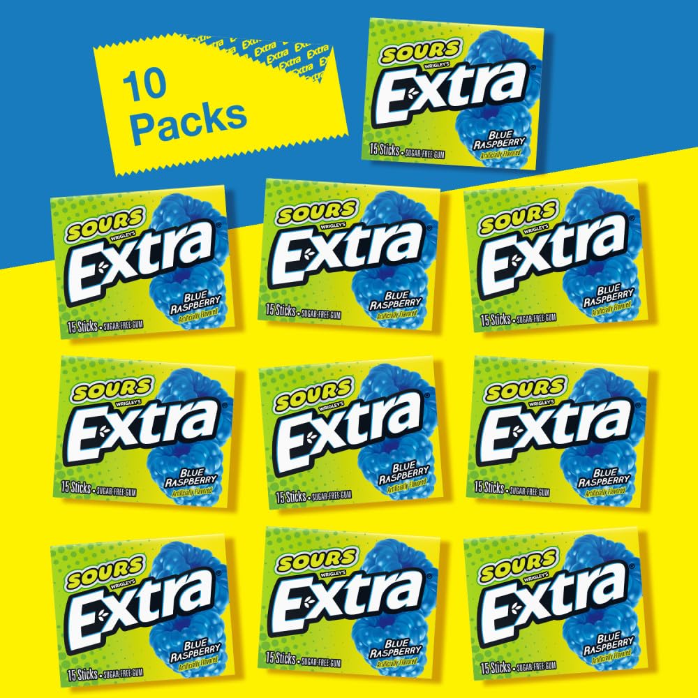 EXTRA SOURS Blue Raspberry Sugar Free Chewing Gum Sour Candy Fruit Gum, 15 Stick Pack, 10 Count - Image 5