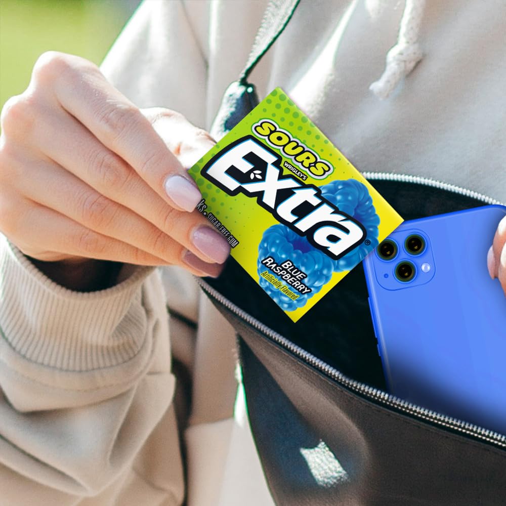 EXTRA SOURS Blue Raspberry Sugar Free Chewing Gum Sour Candy Fruit Gum, 15 Stick Pack, 10 Count - Image 8