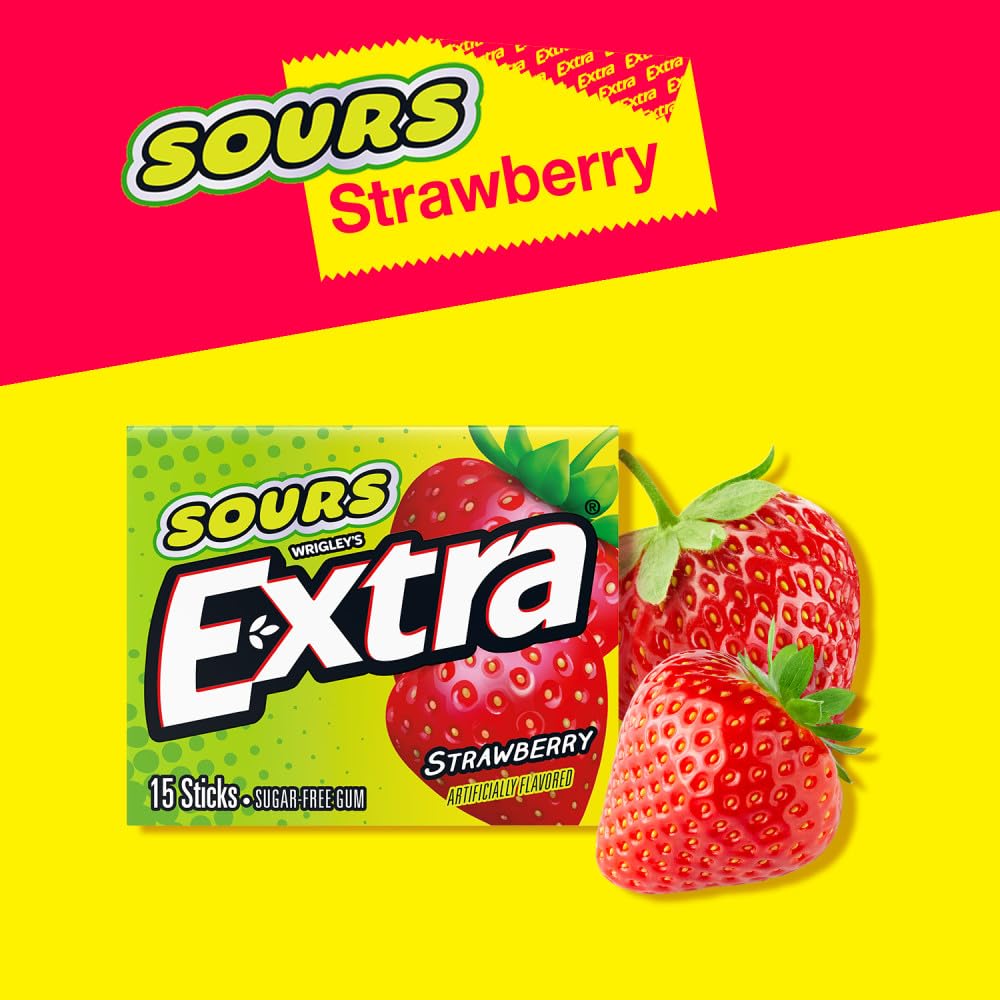 EXTRA SOURS Strawberry Sugar Free Chewing Gum Sour Candy Fruit Gum, 15 Stick Pack, 10 Count - Image 5