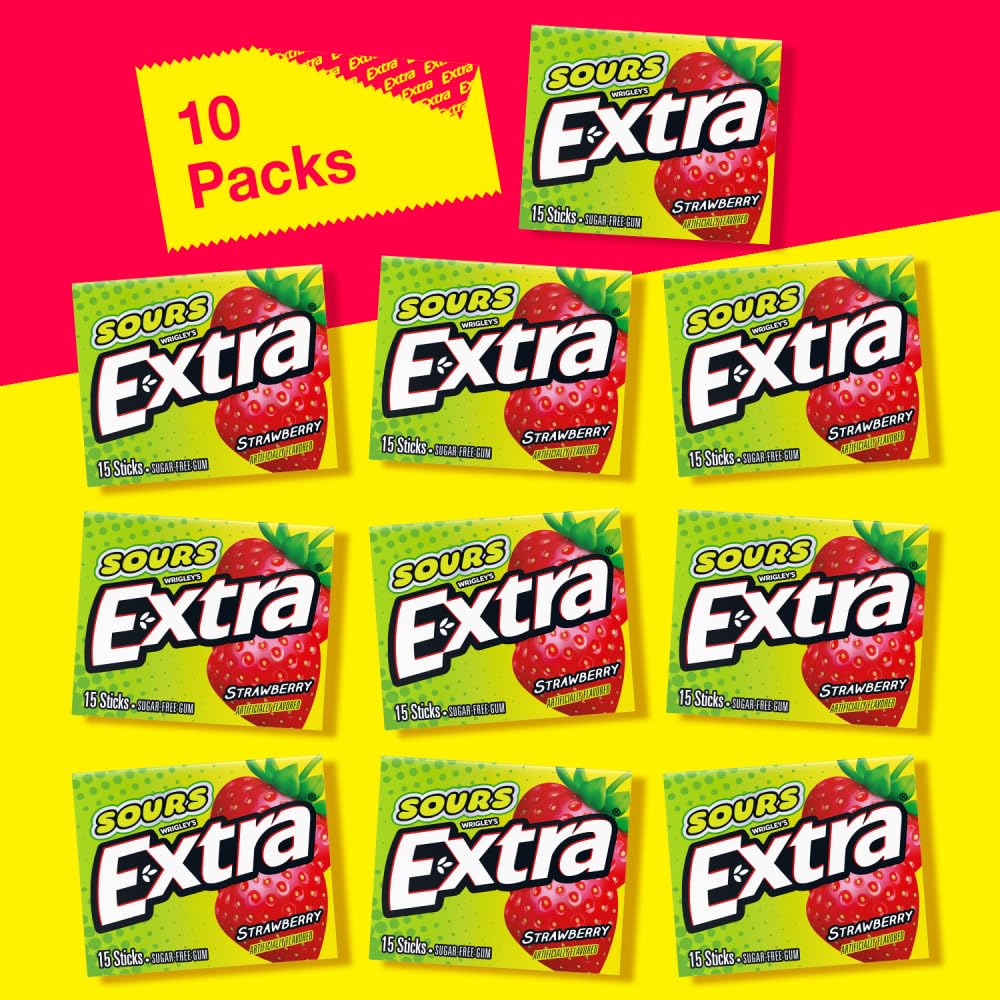 EXTRA SOURS Strawberry Sugar Free Chewing Gum Sour Candy Fruit Gum, 15 Stick Pack, 10 Count - Image 6