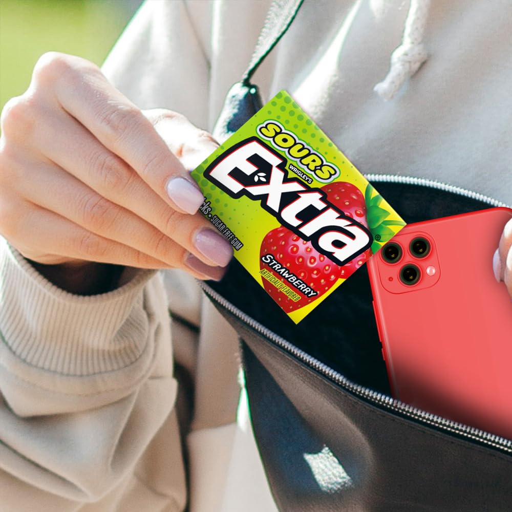 EXTRA SOURS Strawberry Sugar Free Chewing Gum Sour Candy Fruit Gum, 15 Stick Pack, 10 Count - Image 8