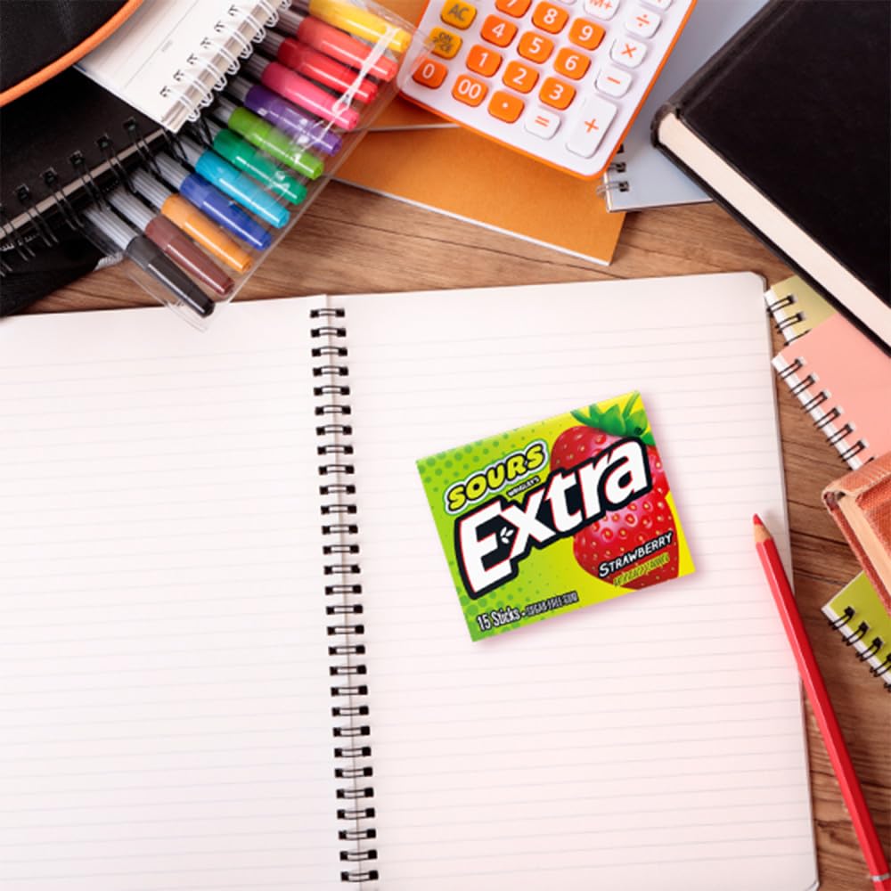 EXTRA SOURS Strawberry Sugar Free Chewing Gum Sour Candy Fruit Gum, 15 Stick Pack, 10 Count - Image 9
