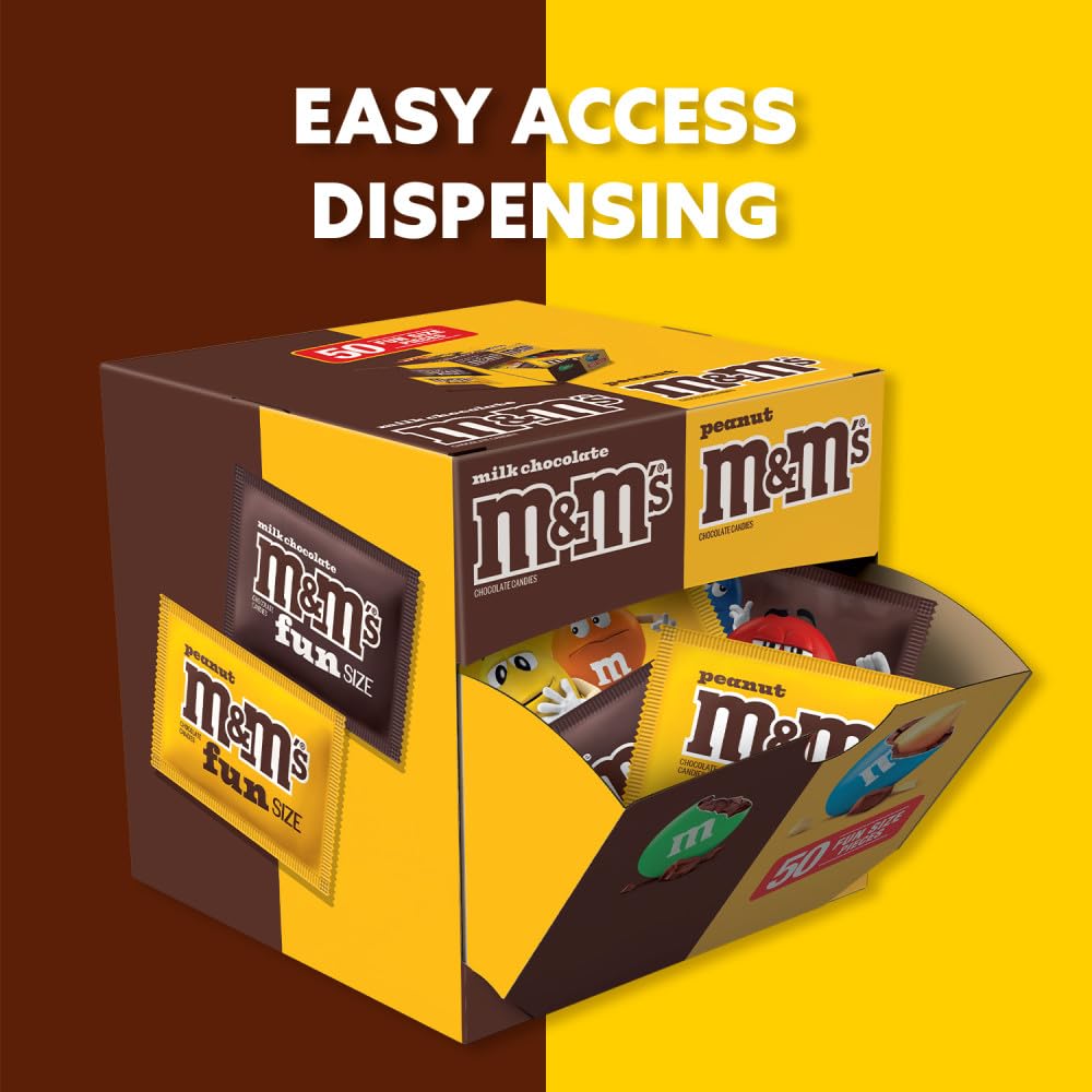M&M'S Milk Chocolate & M&M'S Peanut Fun Size Candy Individually Wrapped Milk Chocolate Variety Pack Pantry Cube Easy Open and Close Dispenser for Convenient Snacking, 50 Ct Bulk Box - Image 4