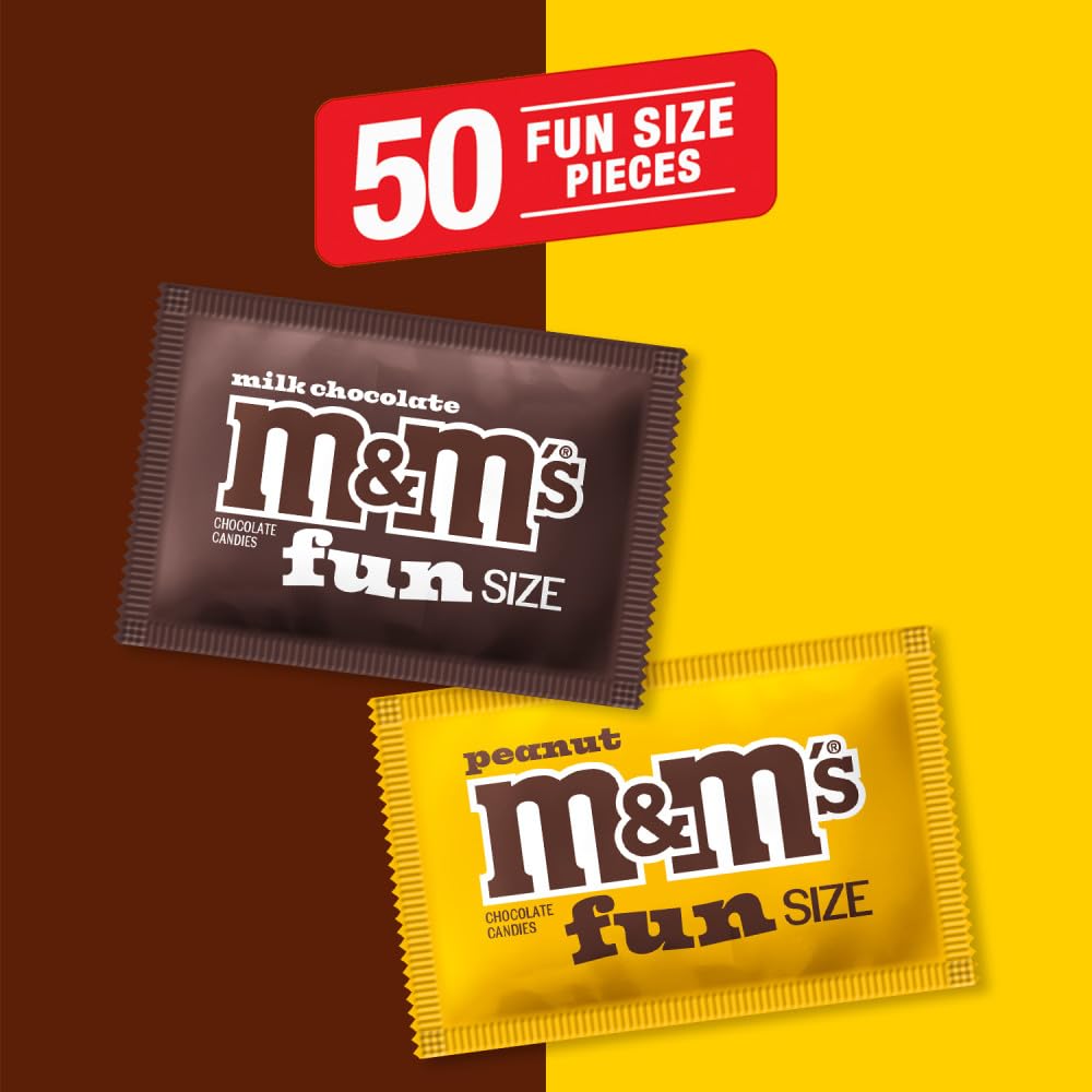 M&M'S Milk Chocolate & M&M'S Peanut Fun Size Candy Individually Wrapped Milk Chocolate Variety Pack Pantry Cube Easy Open and Close Dispenser for Convenient Snacking, 50 Ct Bulk Box - Image 5