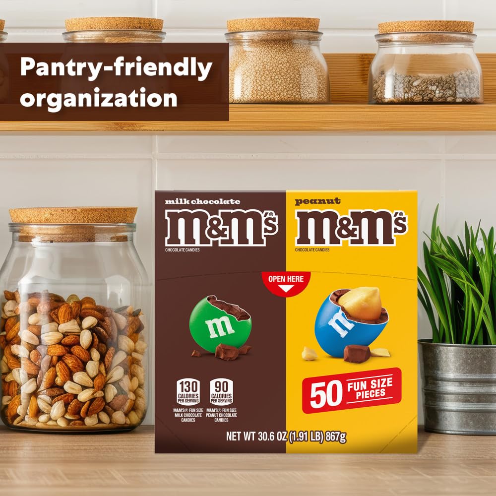 M&M'S Milk Chocolate & M&M'S Peanut Fun Size Candy Individually Wrapped Milk Chocolate Variety Pack Pantry Cube Easy Open and Close Dispenser for Convenient Snacking, 50 Ct Bulk Box - Image 6