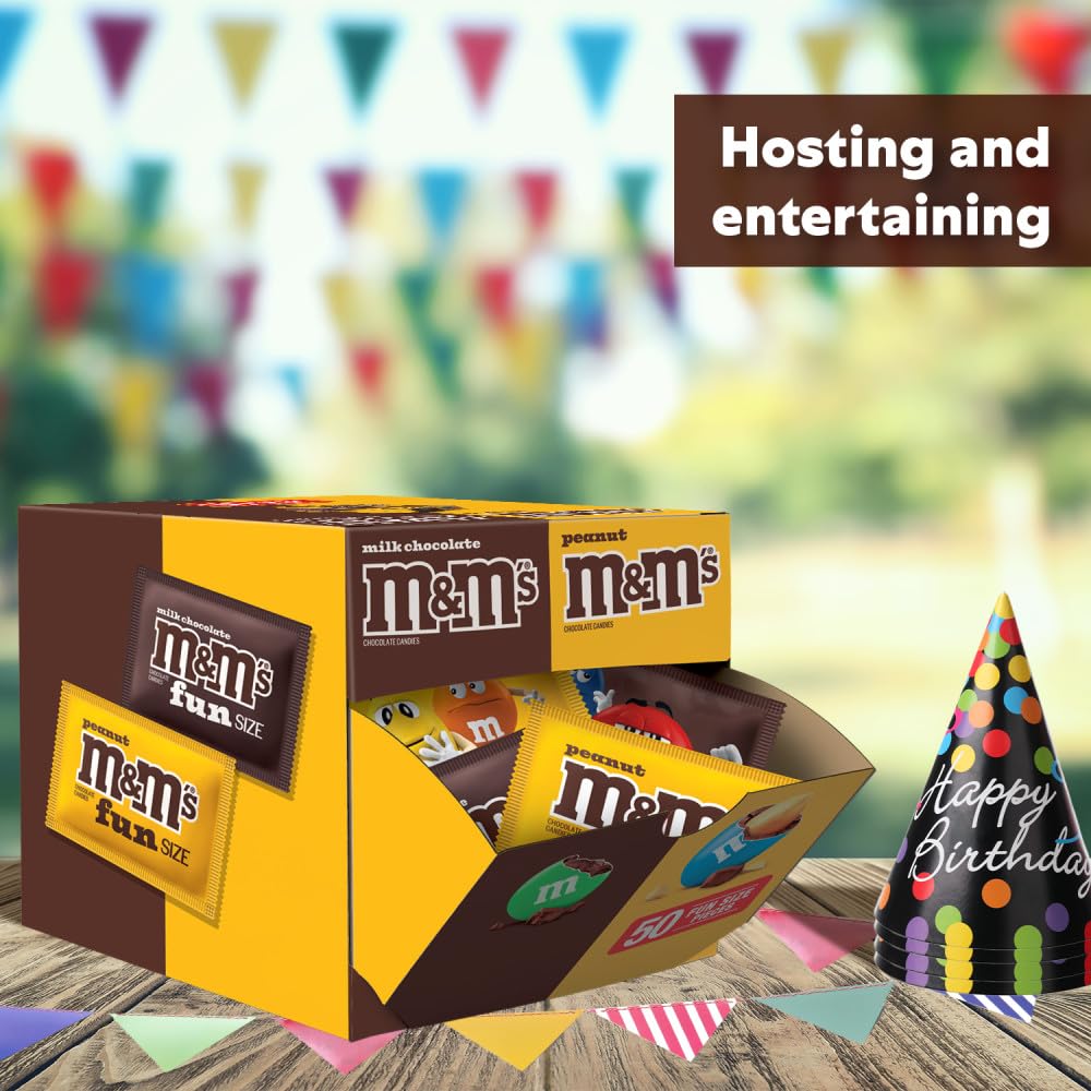 M&M'S Milk Chocolate & M&M'S Peanut Fun Size Candy Individually Wrapped Milk Chocolate Variety Pack Pantry Cube Easy Open and Close Dispenser for Convenient Snacking, 50 Ct Bulk Box - Image 7