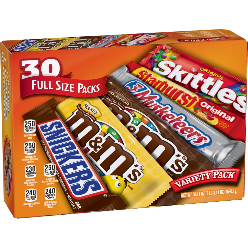 M&M'S, SNICKERS, 3 MUSKETEERS, SKITTLES & STARBURST Variety Pack Full Size Bulk Candy Assortment, 56.11 oz, 30 Bars - Image 3