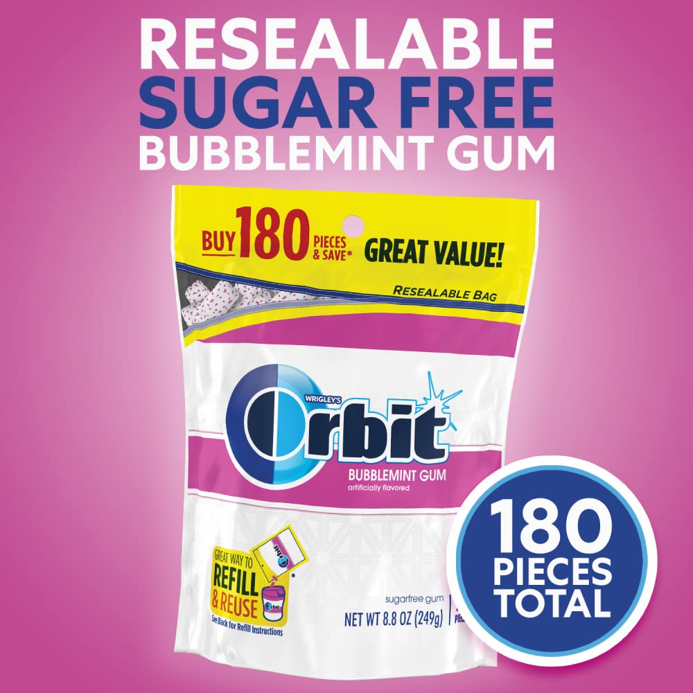 ORBIT Gum Bubblemint Sugar Free Chewing Gum Bulk, 180 Piece Resealable Bag, Bubble Gum Bulk - Image 4