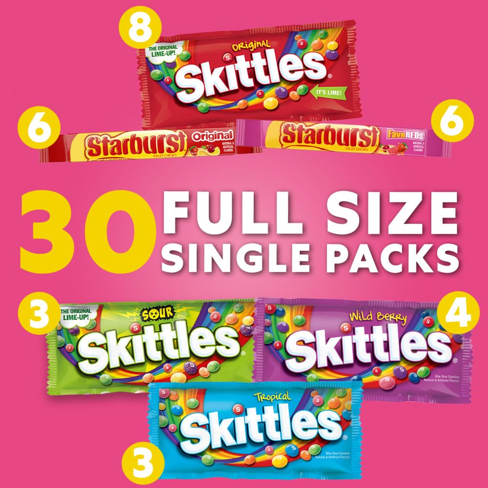 STARBURST Original & FaveRed and SKITTLES Original, Wild Berry, Sour and Tropical Chewy Candy Full Size Travel Essentials Variety Pack, 30 Count Bulk Box - Image 4